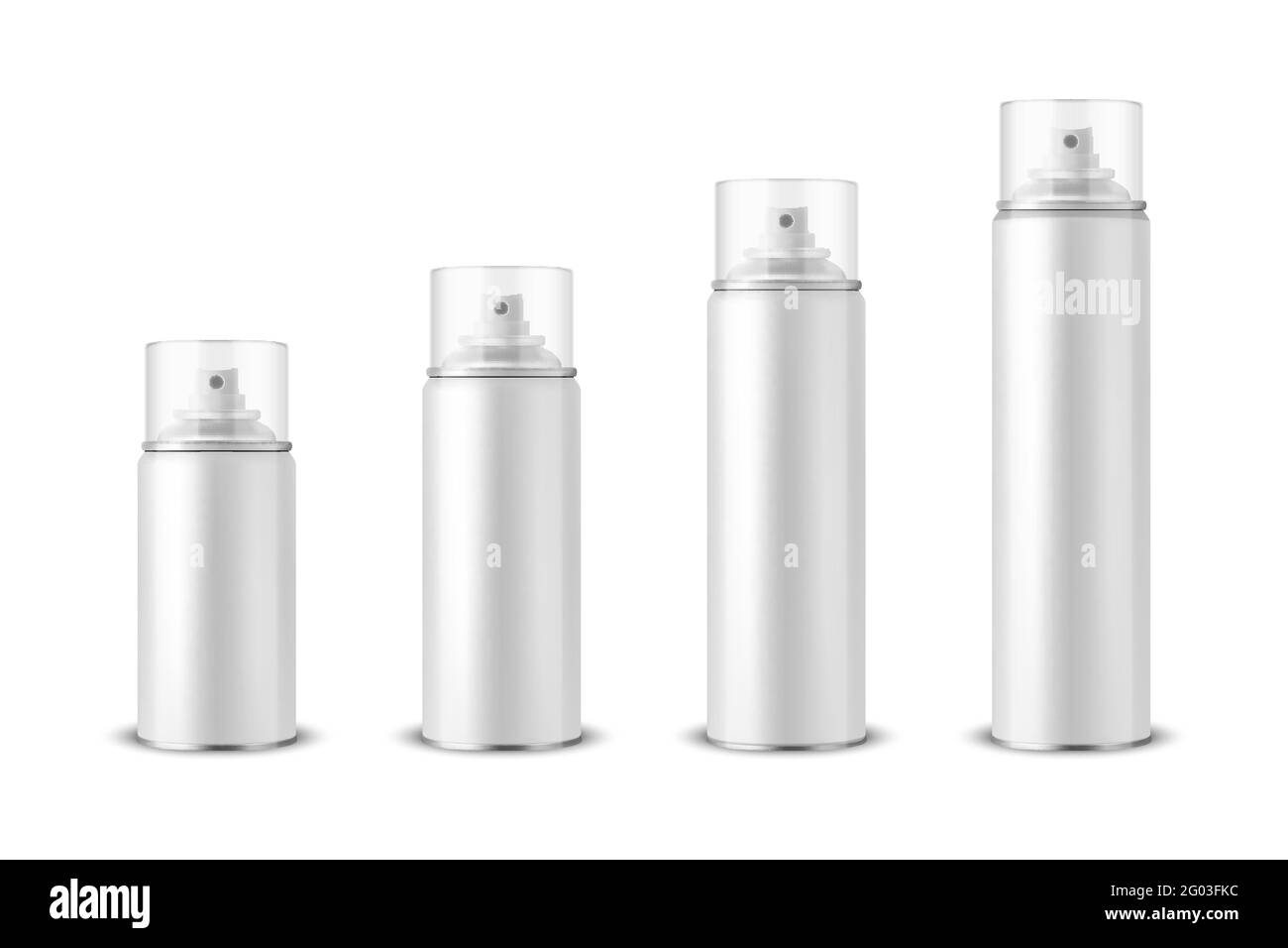 Vector 3d Realistic White aluminium Blank Spray, flacon, kit de couvercle transparent isolé. Petite, moyenne, Grande taille. Modèle de conception, pulvérisateur, maquette Illustration de Vecteur