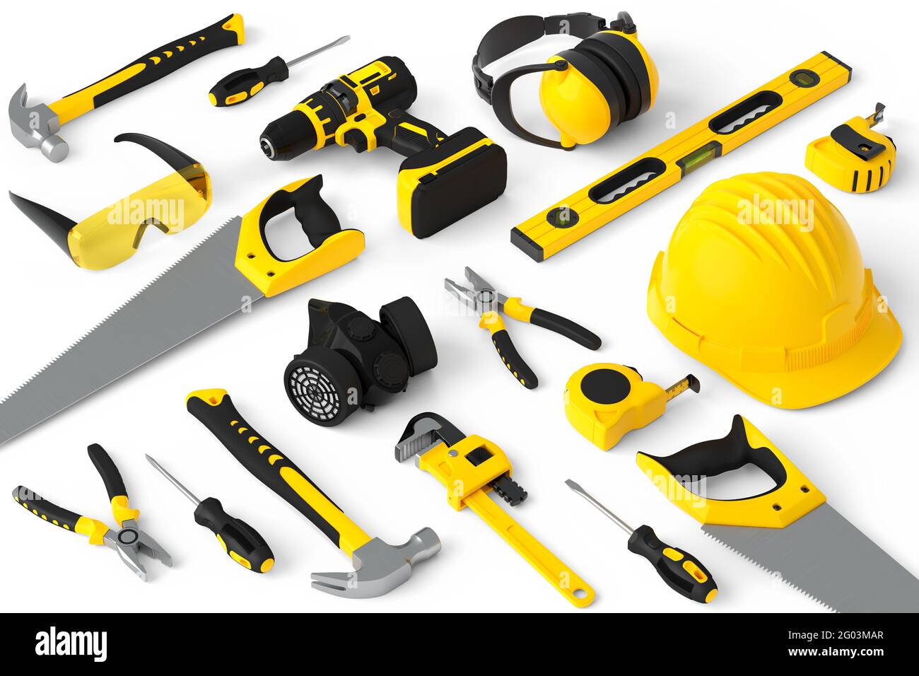 Vue isométrique des outils de construction jaunes pour la réparation sur blanc Banque D'Images Vue isométrique des outils de construction jaunes pour la réparation sur blanc Banque D'Images
