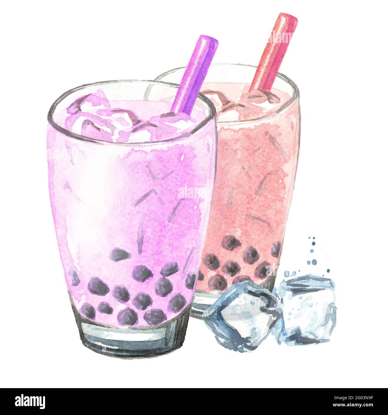 Thé à bulles glacé aux fruits rafraîchissants avec perles de tapioca. Concept alimentaire. Illustration aquarelle dessinée à la main, isolée sur fond blanc Banque D'Images