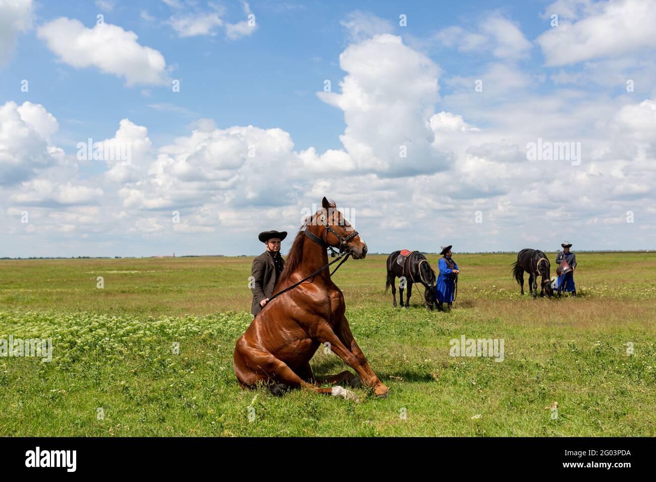 Les amateurs de wranglers hongrois traditionnels démontrent leurs compétences célèbres à Hortobagy, dans la région rurale de l'est de la Hongrie Banque D'Images
