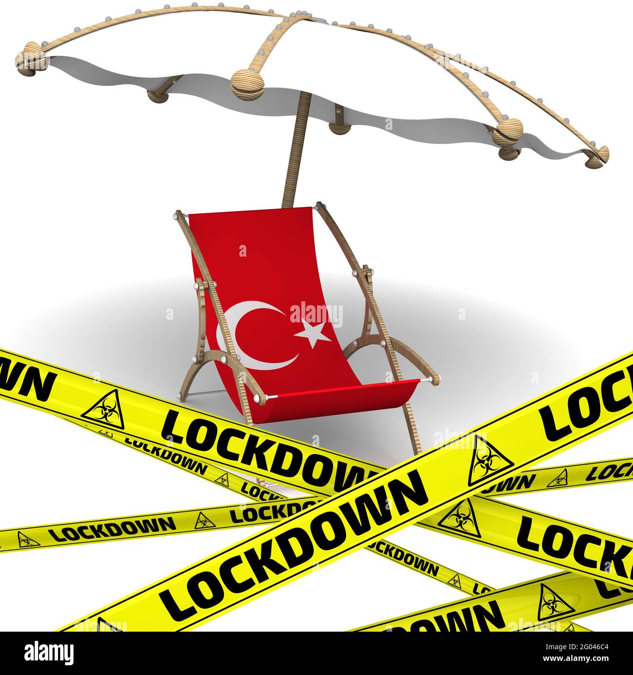 Verrouillage touristique en Turquie. Un transat vide avec un drapeau de dinde et un parapluie sur une surface blanche avec des rubans d'avertissement jaunes qui disent VERROUILLAGE Banque D'Images