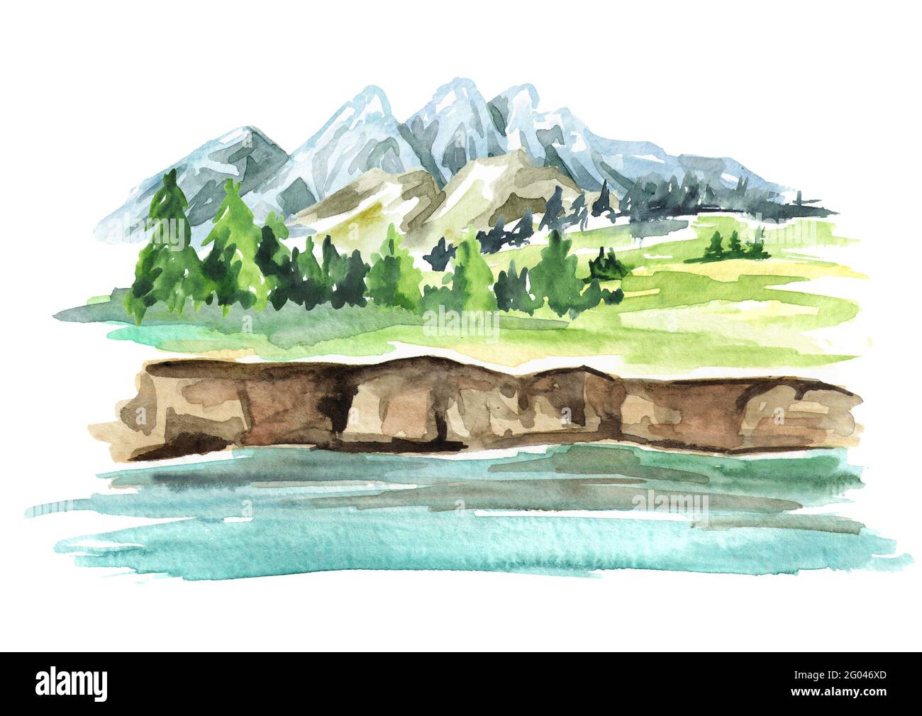 Paysage avec rivière et montagnes. Illustration aquarelle dessinée à la  main Photo Stock - Alamy