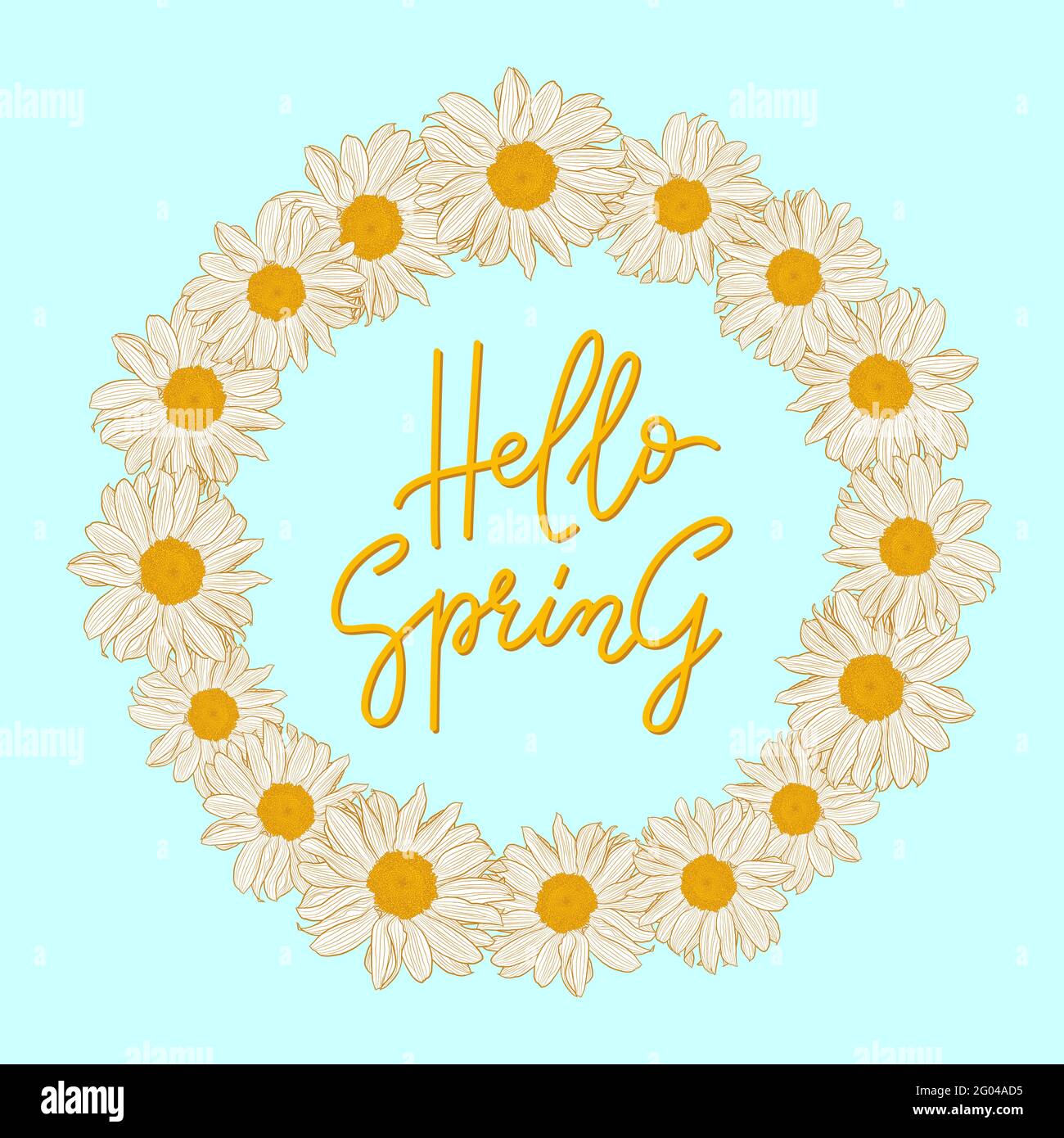 Lettrage - Hello Spring - avec cadre floral décoratif, illustration vectorielle. Carte de vœux avec un cercle de pâquerettes sur fond de couleur menthe. Concept des vacances de printemps et de saison. Illustration de Vecteur