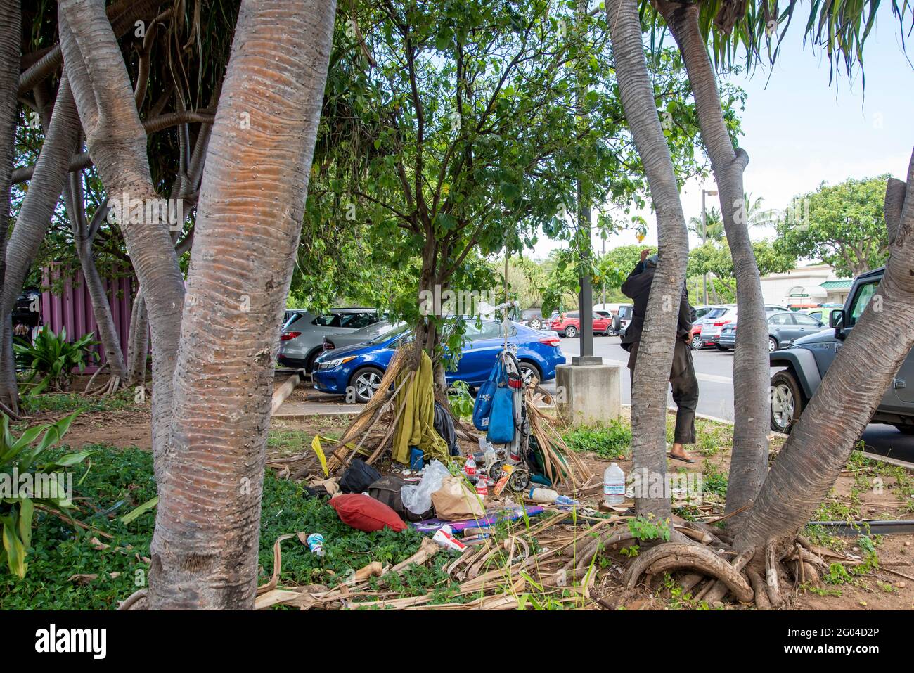 Maui, Hawaï. Personne sans domicile avec camp sur la rive près de la plage de Kaanapali. Banque D'Images