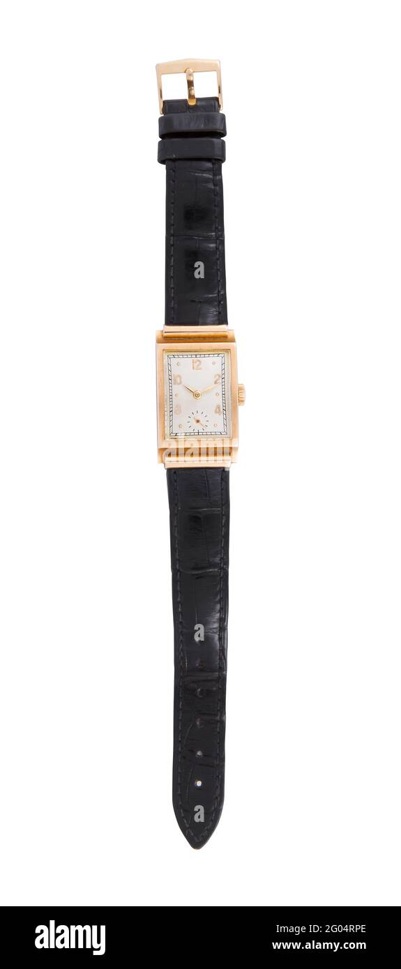 Photo verticale d'une luxueuse montre-bracelet dorée avec sangles en cuir noir sur fond blanc Banque D'Images