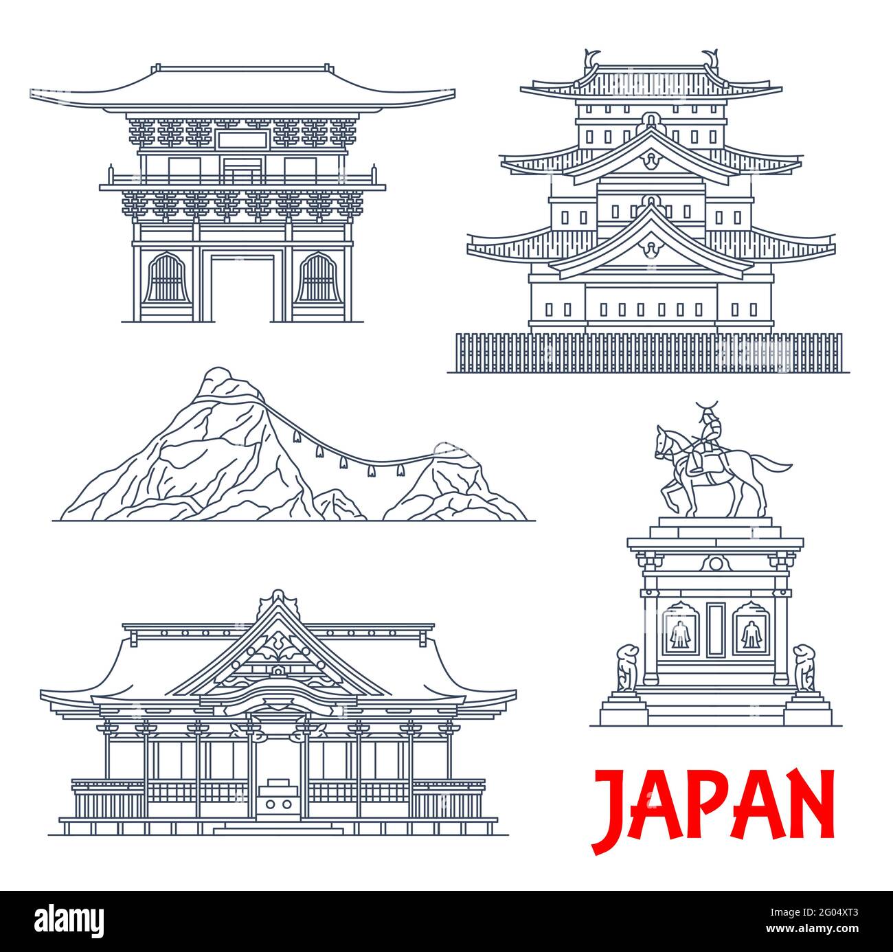 Architecture japonaise, monuments de temples et maisons de sanctuaire du Japon, icônes de bâtiment vectoriel. Japon célèbres monuments religieux du temple Tosho-ji, Osaki Ha Illustration de Vecteur