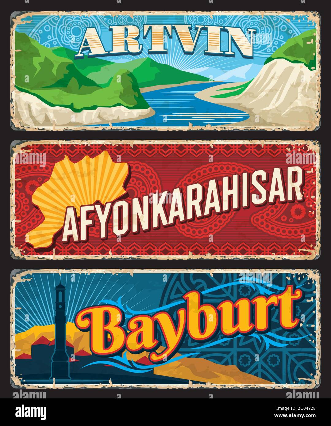 Artvin, Afyonkarahisar, Bayburt il, Turkey provinces plaques ou bannières vintage. Panneaux de destination de voyage à âge vectoriel. Panneaux de grunge rétro, panneau usé Illustration de Vecteur