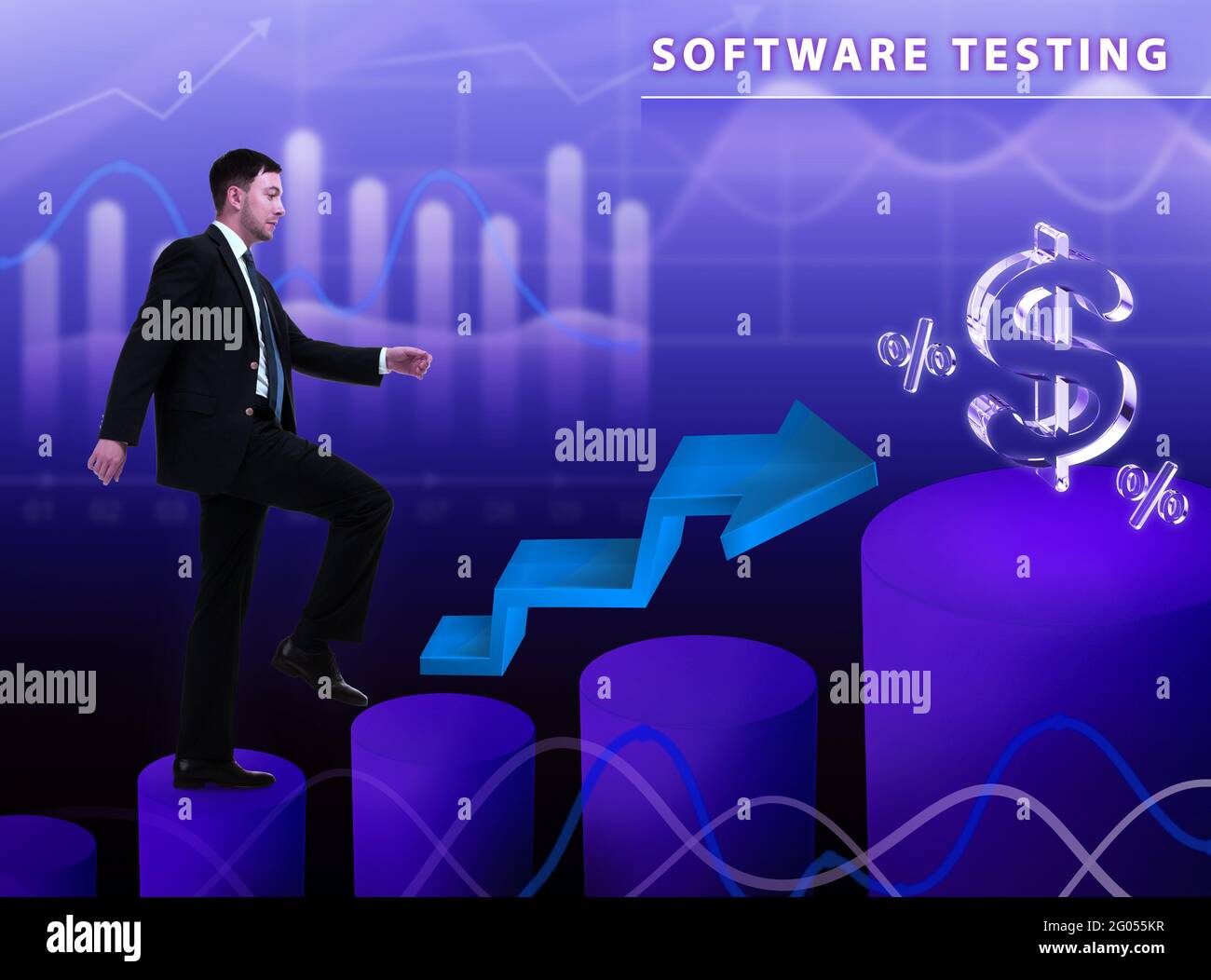 Concept d'entreprise, de technologie, d'Internet et de réseau. Un jeune homme d'affaires réfléchit aux étapes d'une croissance réussie : les tests de logiciels Banque D'Images