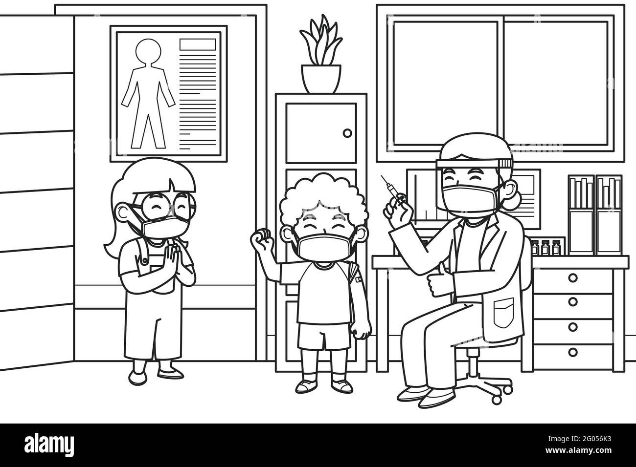 Les médecins et les enfants portent un masque facial pendant le processus de vaccination dans la salle du médecin. Livre de coloriage. Illustration vectorielle. Illustration de Vecteur