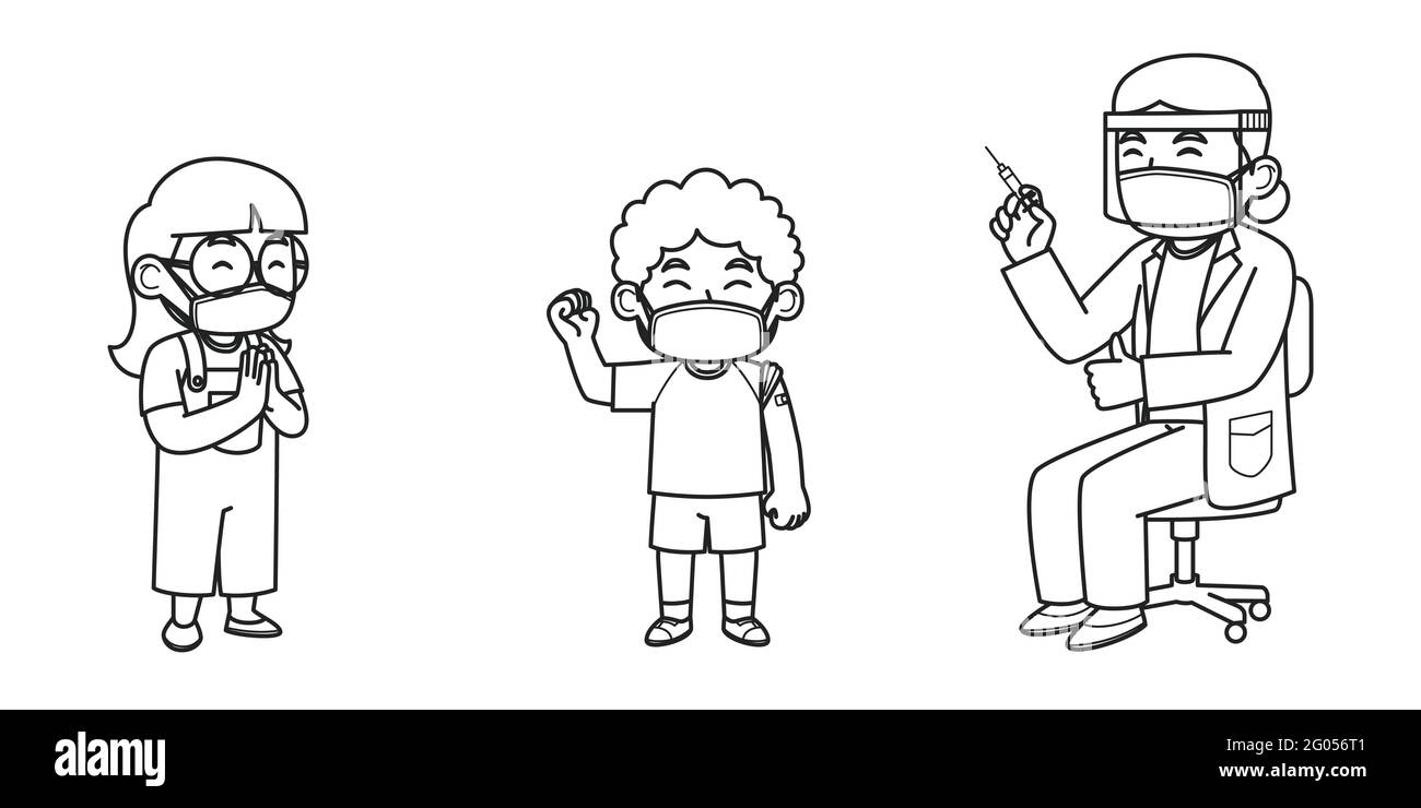 Les médecins et les enfants portent des masques faciaux lors du processus de vaccination. Livre de coloriage. Illustration vectorielle. Illustration de Vecteur