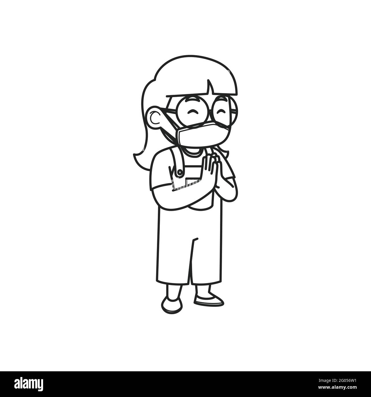 Les filles portant des masques attendent d'être vaccinées. Livre de coloriage. Illustration vectorielle. Illustration de Vecteur