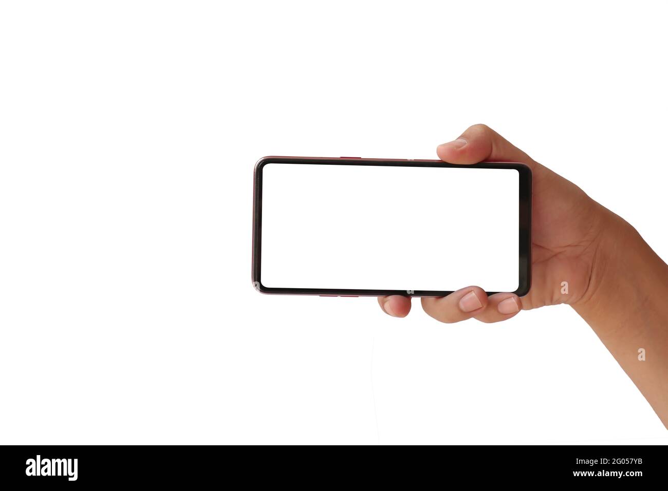 Tenez un téléphone avec un écran blanc isolé horizontalement sur un arrière-plan blanc avec le masque. Banque D'Images