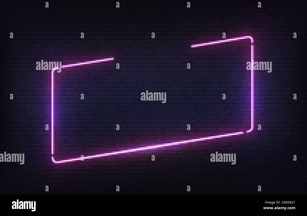 Modèle de cadre néon avec espace réservé. Modèle de bannière lumineuse à inclinaison violette. Panneau de signalisation rectangle lumineux vectoriel Illustration de Vecteur