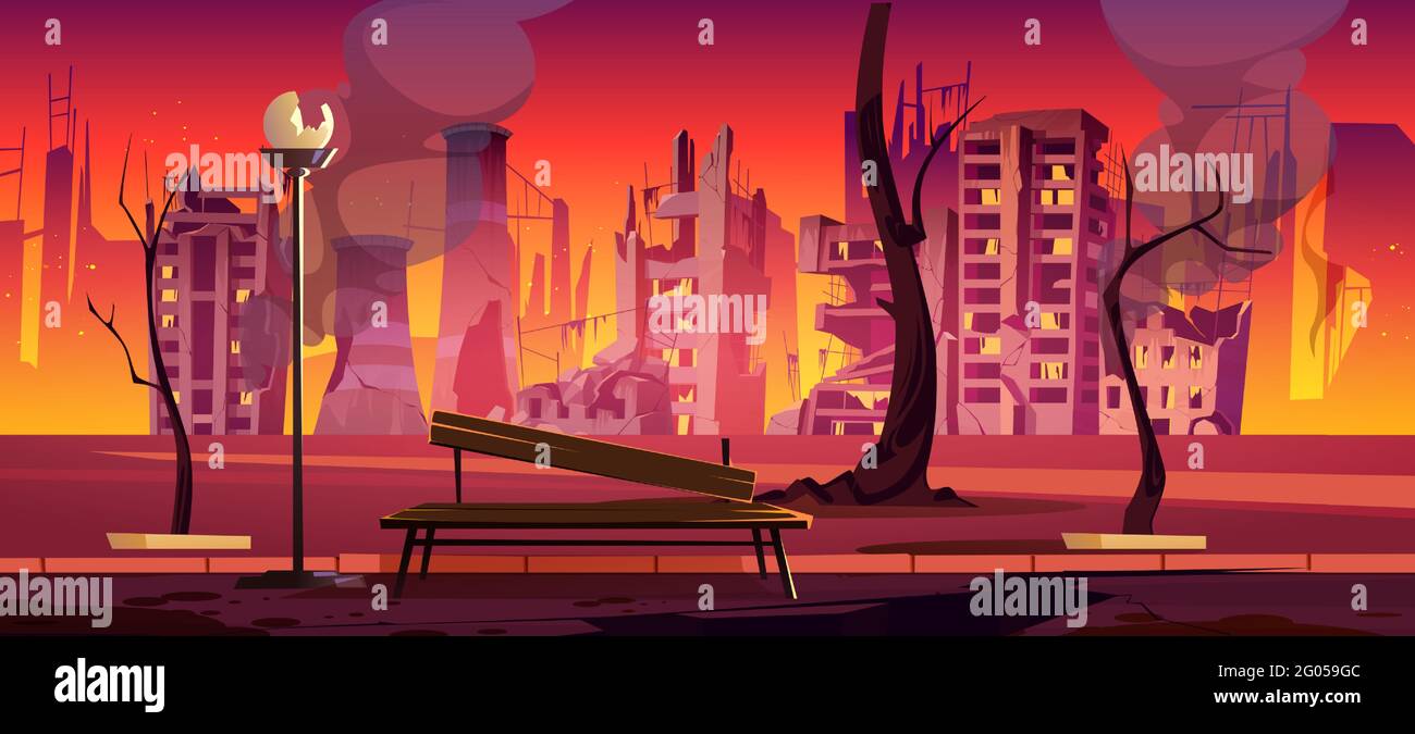 Parc urbain détruit, zone de guerre, jardin urbain abandonné avec banc brûlé, arbres et bâtiments. Destruction, catastrophe naturelle ou cataclysme, ruines du monde post-apocalyptique, illustration vectorielle Illustration de Vecteur