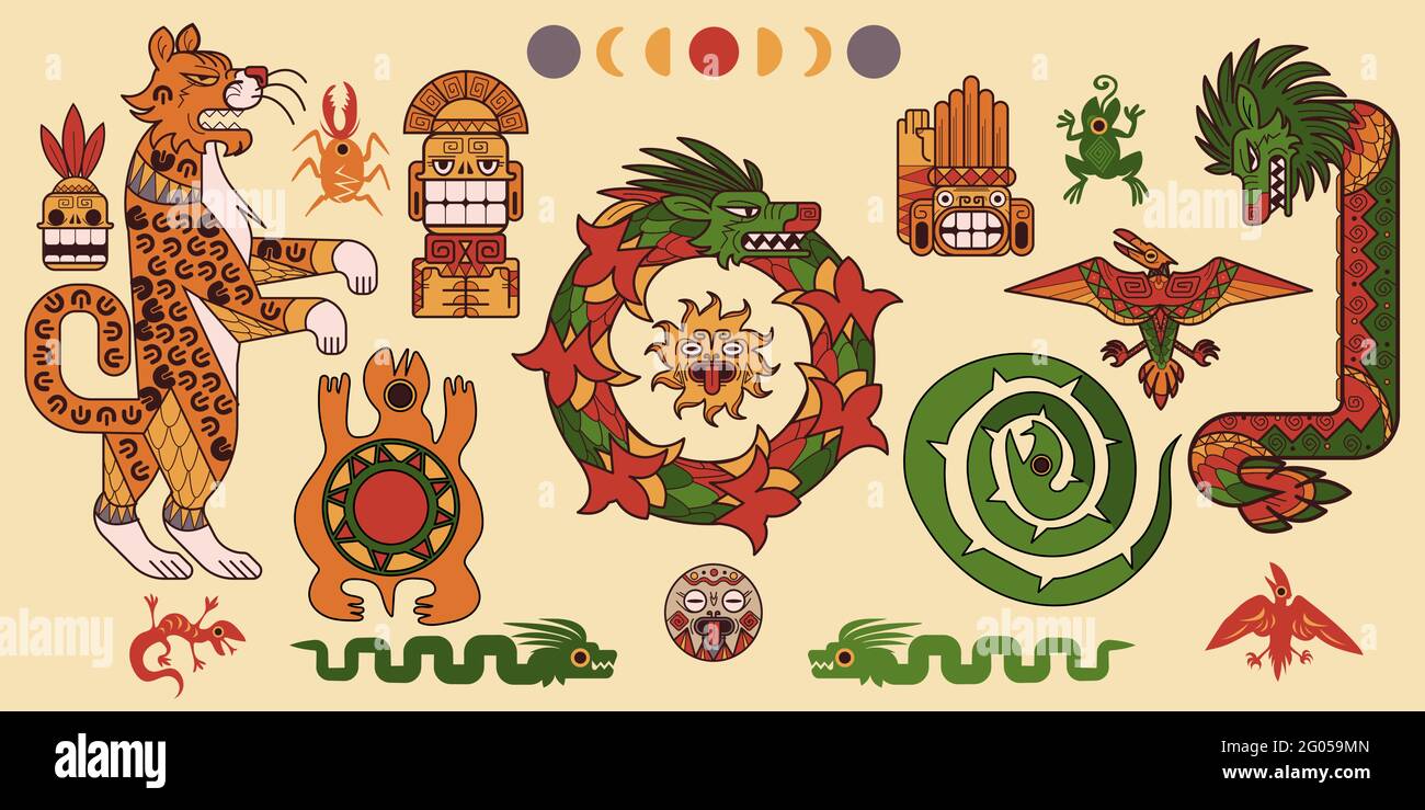 Ensemble de motifs mayas ou aztèques, éléments décoratifs de la culture mexicaine mésoaméricaine tribale, ornements ethniques dragon, léopard, tortue, lune ou soleil, bug, idole avec serpent. Tatouage vecteur civilisation ancienne Illustration de Vecteur