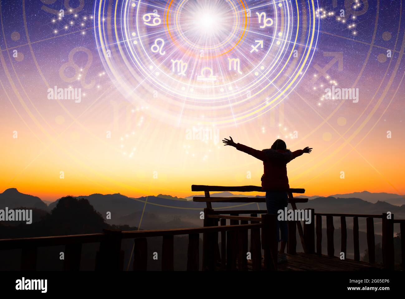 Femme levant les mains en regardant le ciel. Projection de roue astrologique, choisissez un signe de zodiaque. Faites confiance à horoscope prévisions futures, conseils stars. Banque D'Images