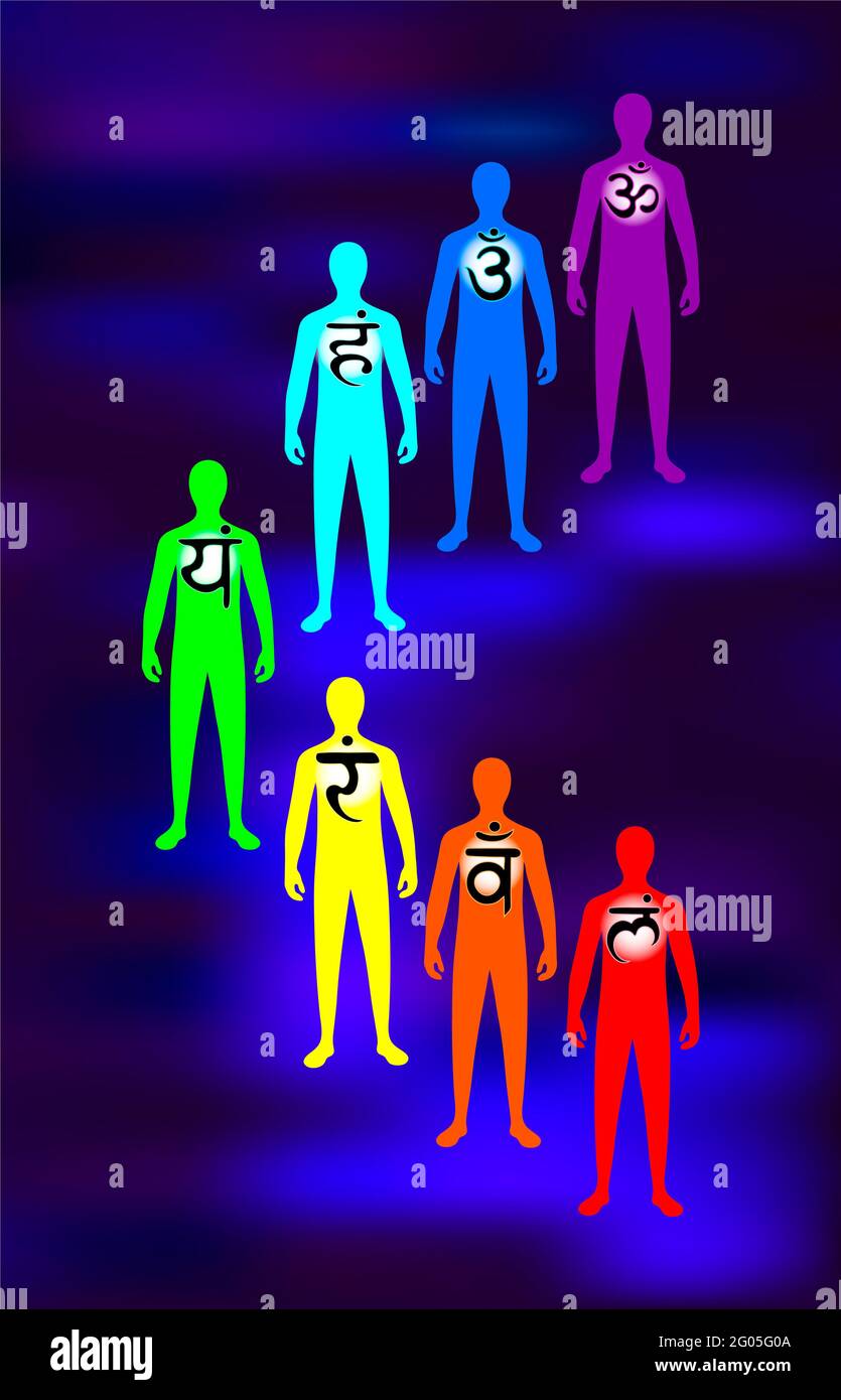 Aura, le système chakra. La croissance spirituelle d'une personne. La silhouette d'une personne. Illustration Banque D'Images