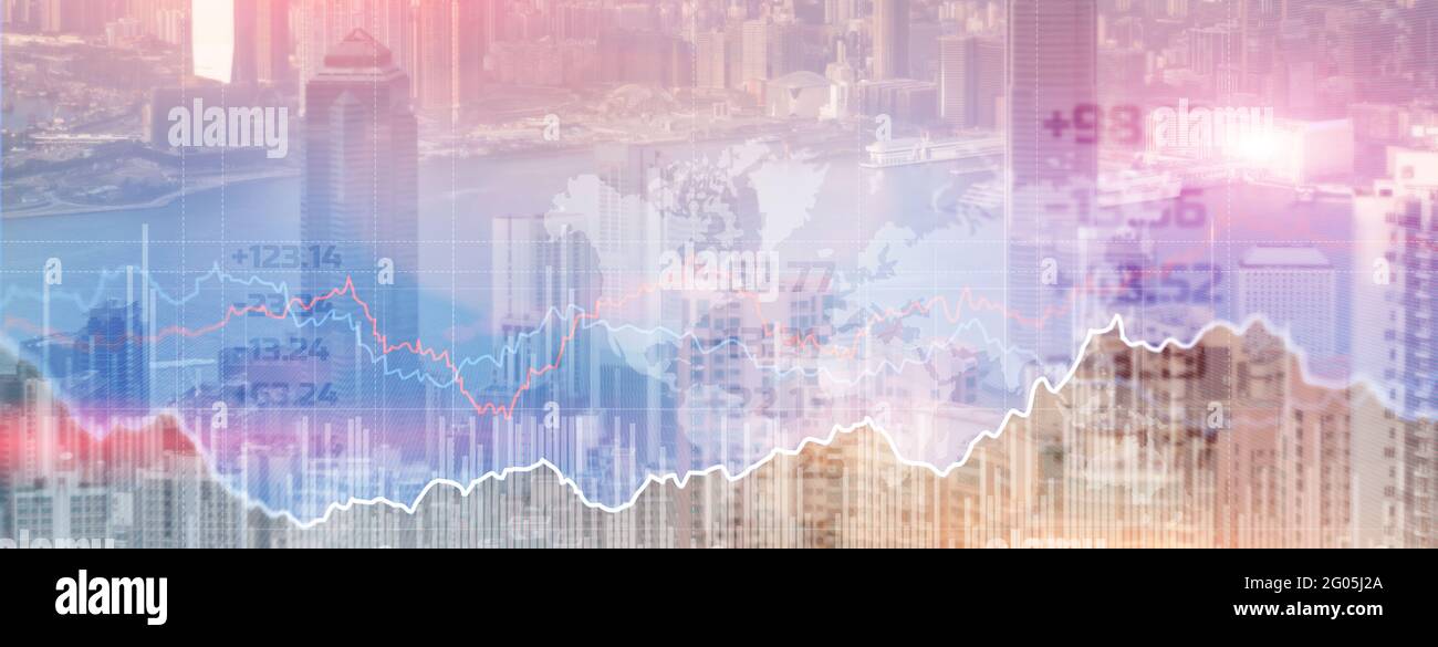 Double explication avec les graphiques d'affaires et le quartier financier de megapolis. Banque D'Images
