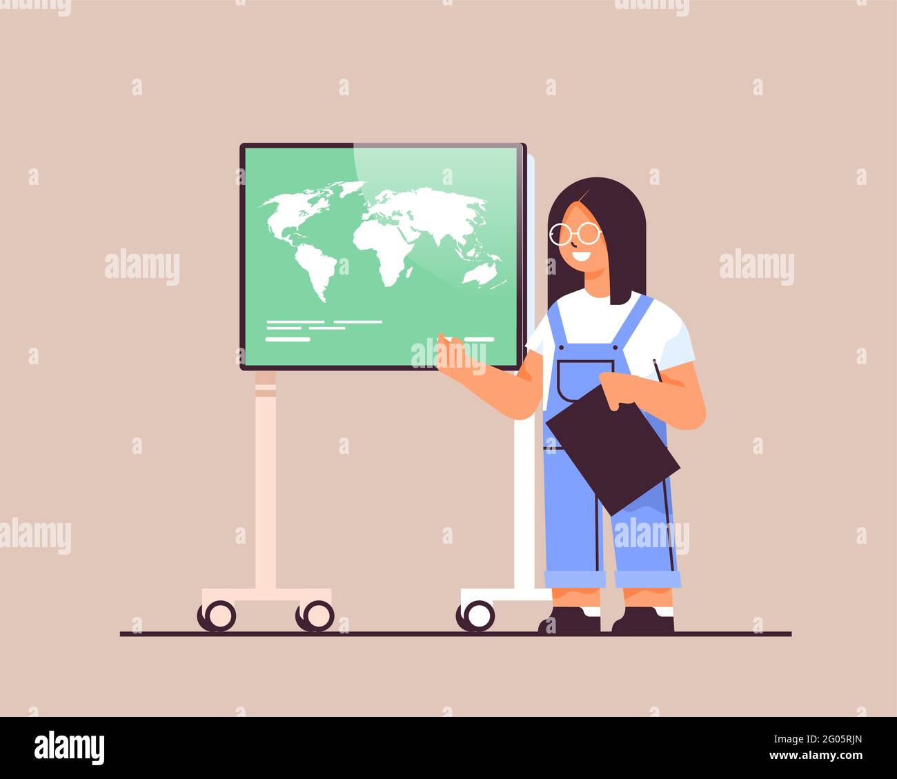 écolière présentant la carte du monde sur le concept d'éducation de présentation de tableau numérique Illustration de Vecteur