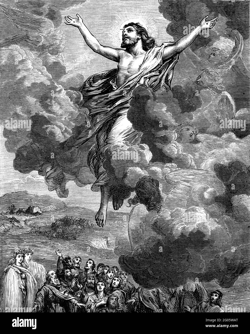 Une illustration gravée de la résurrection de Jésus-Christ Ascension dans le ciel, d'un livre victorien vintage daté de 1881 qui n'est plus dans le cop Banque D'Images
