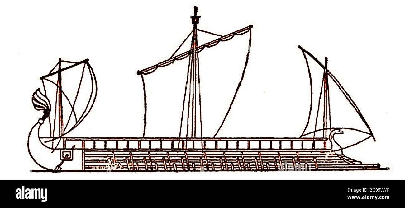 1914 artistes impression d'un trireme, un navire de guerre à trois carats avec trois bancs de verriers. L'ancien navire était un type de galère utilisé par les anciens marins méditerranéens comme les Phéniciens, les Egyptiens, les Grecs et les Romains. Ils ont été généralement construits à partir de sapin, de pin ou de cèdre (pour la durabilité) avec les planches ont été jointes avec des joints de mortice et de tennon fixés avec des broches en bois, les coques ont parfois été renforcées avec du chêne. Des dispositifs de ramming en bronze pourraient également être attachés à l'arc. Banque D'Images