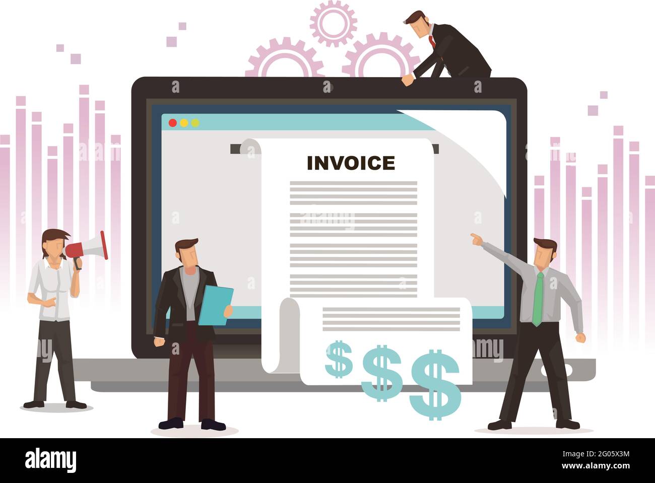 Les gens d'affaires travaillent ensemble sur la facture numérique sur ordinateur portable. Concept de technologie au travail ou en équipe. Illustration vectorielle à caractères plats Illustration de Vecteur