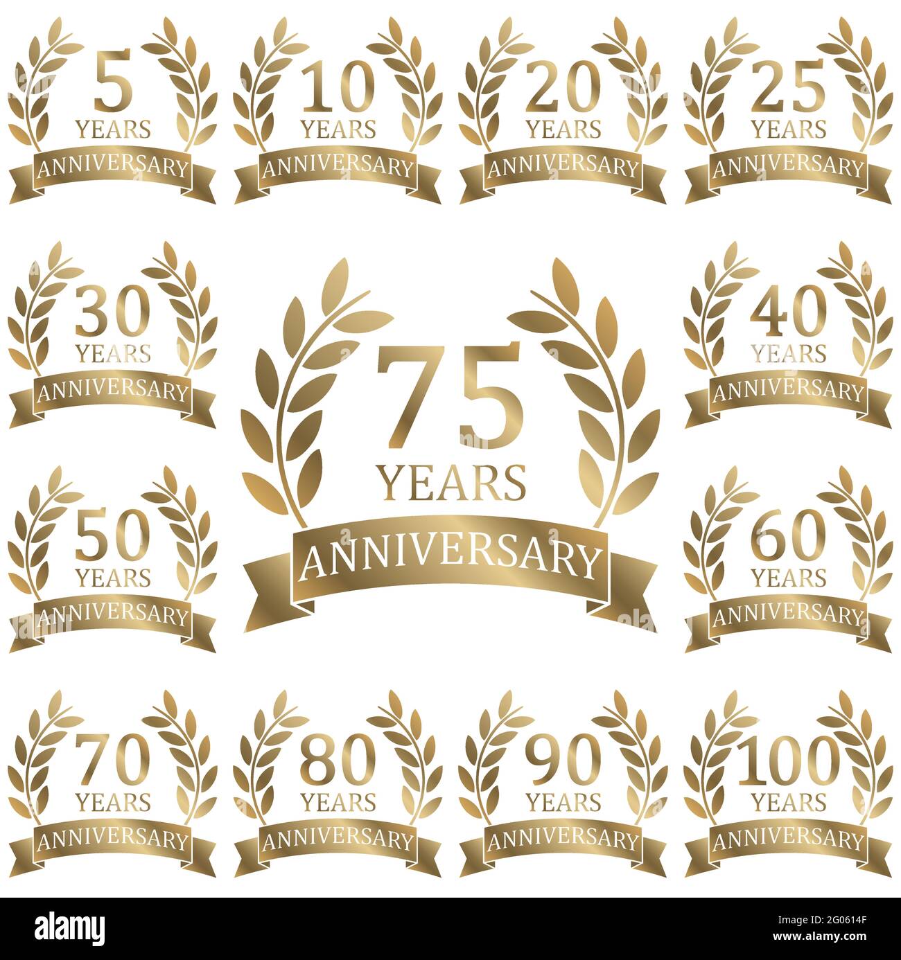 fichier vectoriel eps avec collection de couronne de laurier dorée sur blanc contexte de la réussite ou du jubilé d'entreprise avec le texte 5 à 100 ans Illustration de Vecteur