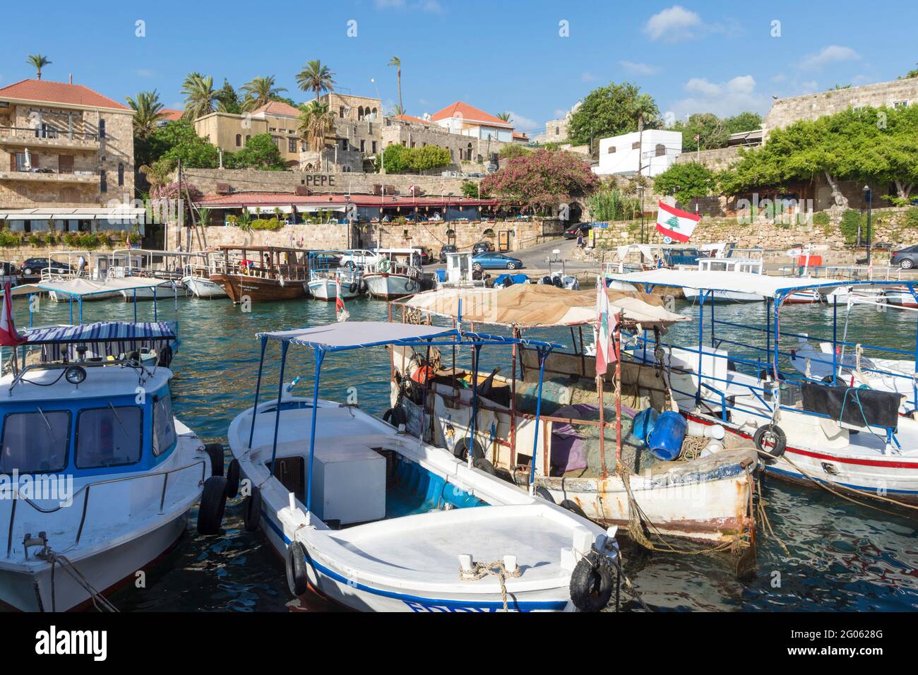 Bateaux de pêche au port de Byblos, Jbeil, Liban Banque D'Images