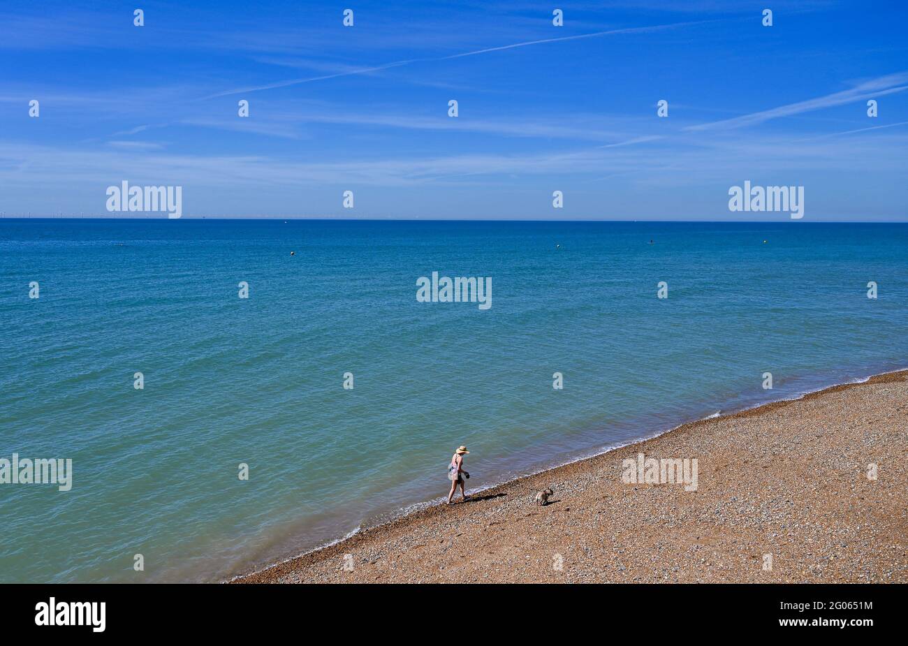 Brighton Royaume-Uni 1er juin 2021 - c'est une belle journée chaude et ensoleillée pour marcher le chien le long de la plage de Brighton avec des températures qui devraient atteindre plus de 26 degrés dans certaines parties du Royaume-Uni de nouveau : crédit Simon Dack / Alamy Live News Banque D'Images