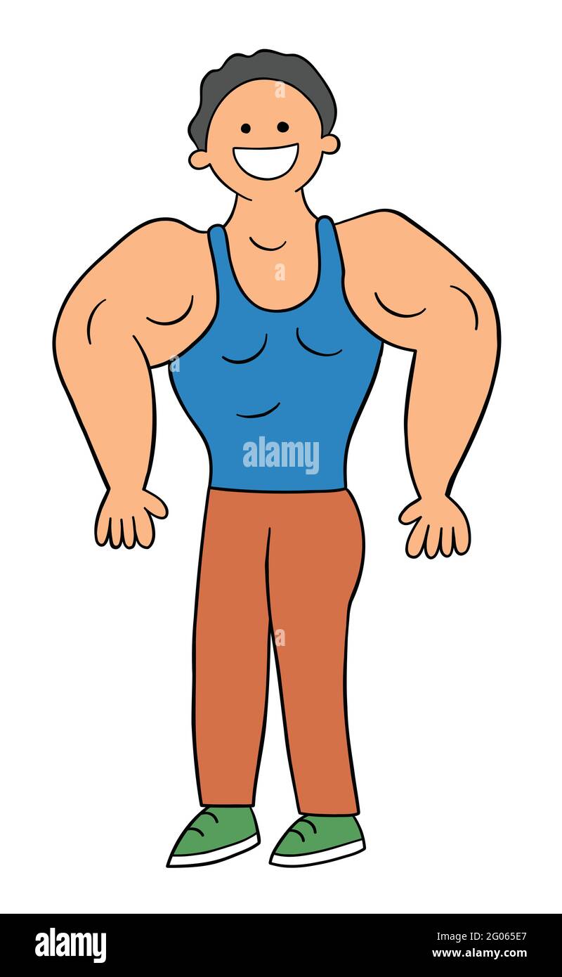 Homme de dessin animé musclé et montrant ses muscles, illustration vectorielle. Contour noir et couleur. Illustration de Vecteur