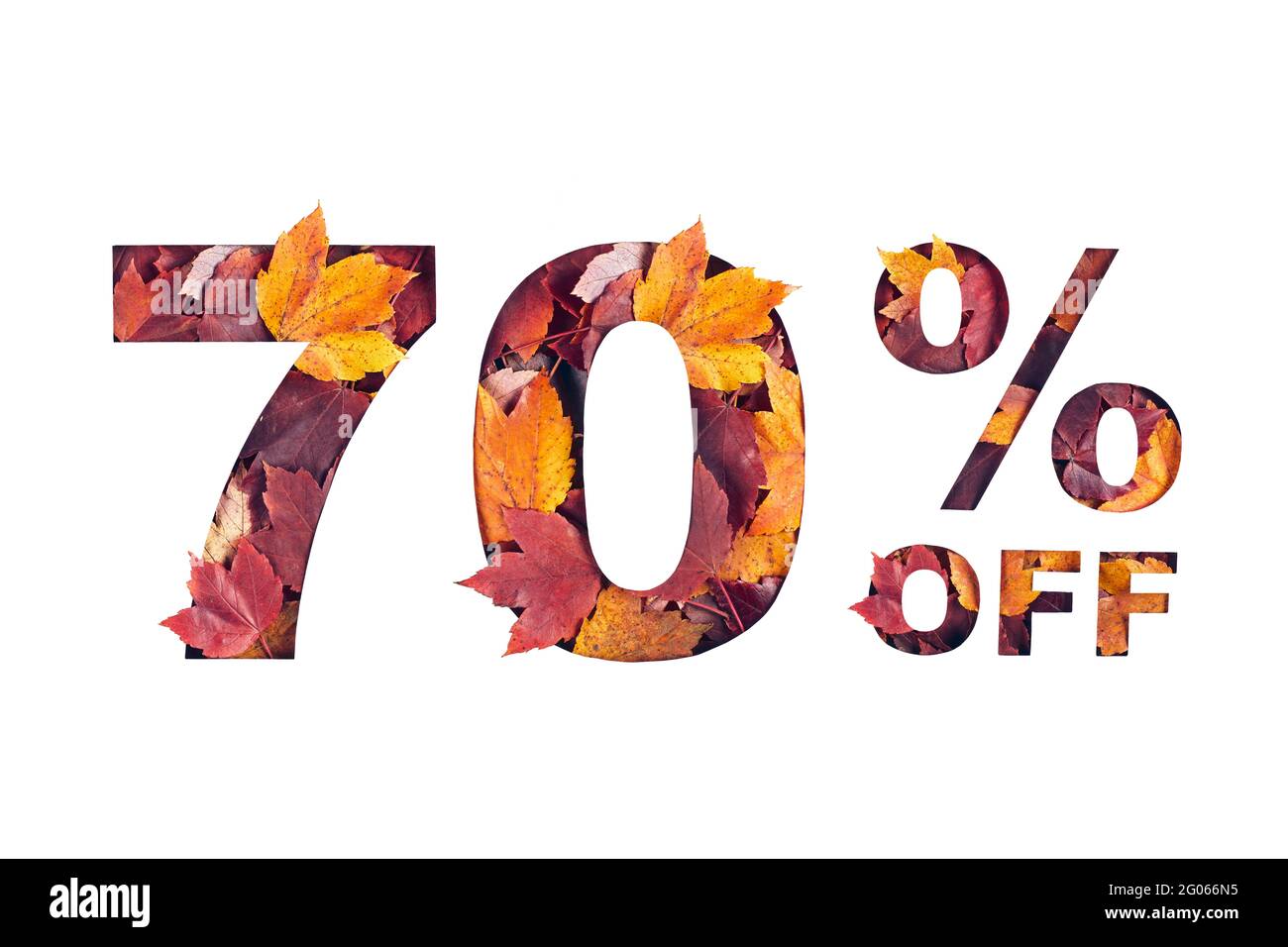 texte 70 pour cent de rabais rempli de texture de feuilles d'érable rouge d'automne Banque D'Images