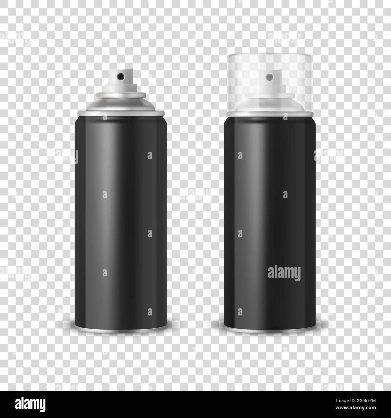 Vector 3d Realistic Black aluminium Blank Spray, flacon, kit de couvercle transparent isolé. Modèle de conception, pulvérisateur, maquette, emballage, Publicité Illustration de Vecteur