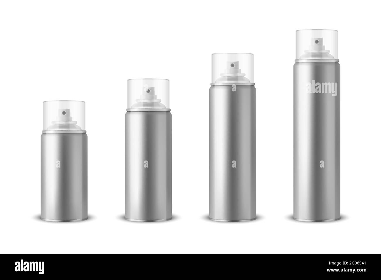 Vector 3d Realistic Silver aluminium Blank Spray, flacon, kit de couvercle transparent isolé. Petite, moyenne, Grande taille. Modèle de conception, pulvérisateur, maquette Illustration de Vecteur