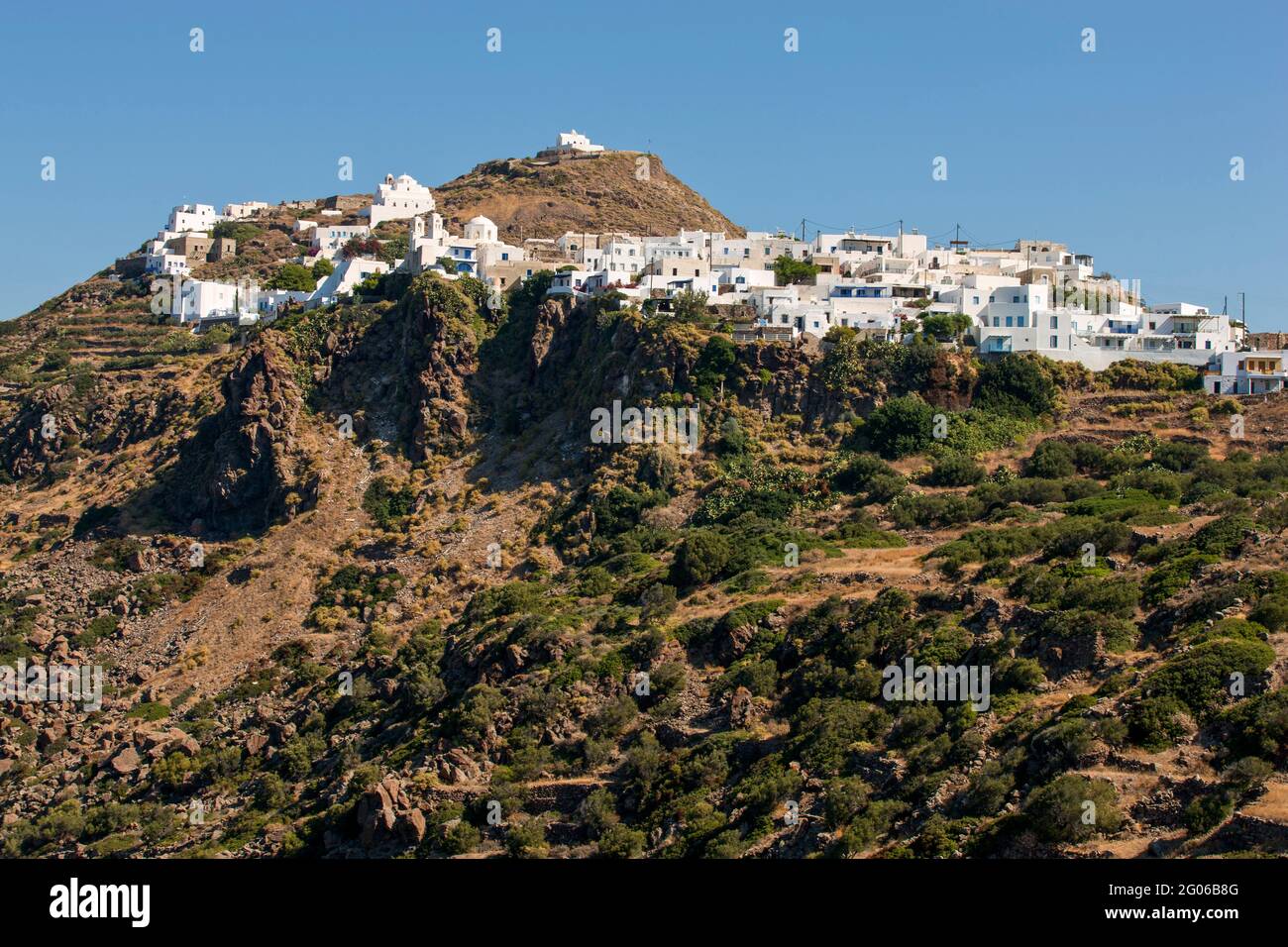 Vue panoramique sur le village de plaka, Milos, Cyclades, Grèce, Europe Banque D'Images