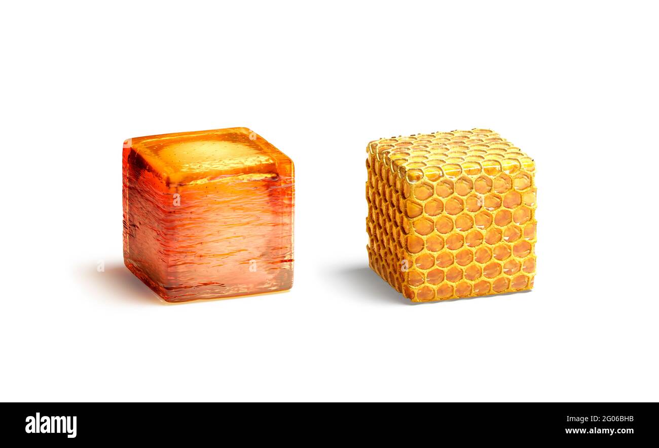 Maquette de cube blanc caramel et miel, isolée, rendu 3d. Maquette de texture douce en forme de cuboïde vide. Modèle à support orange et nid d'abeille transparent Banque D'Images