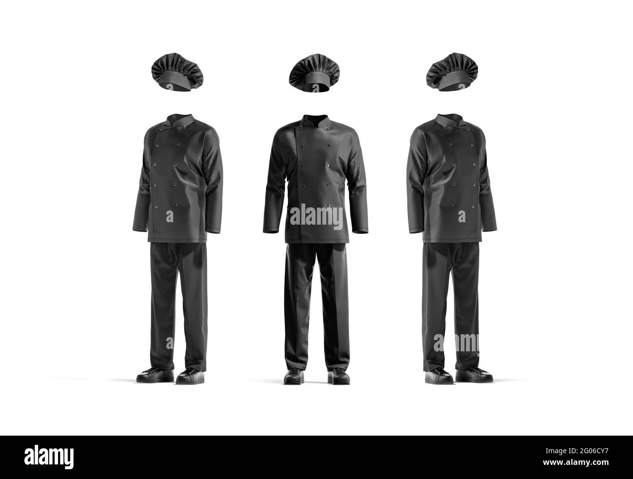 Maquette d'uniforme de chef noir vierge, vue avant et latérale, rendu 3d. Déguisement de cuisinière vide avec toque et tunique maquette, isolé. Désactivez protéger culinar Banque D'Images