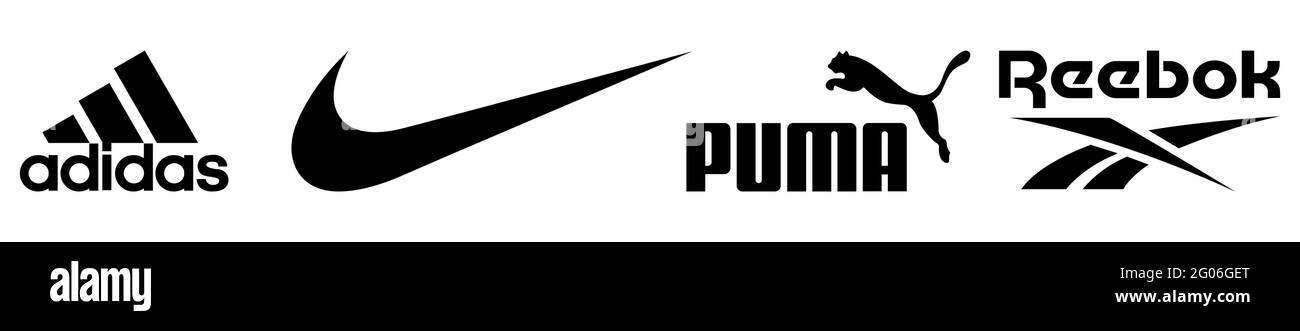Vinnytsia, Ukraine - 30 mai 2021 : ensemble de logos de marques populaires  de vêtements de sport. Logos Adidas, Nike, Puma et Reebok. Vecteur  éditorial Image Vectorielle Stock - Alamy