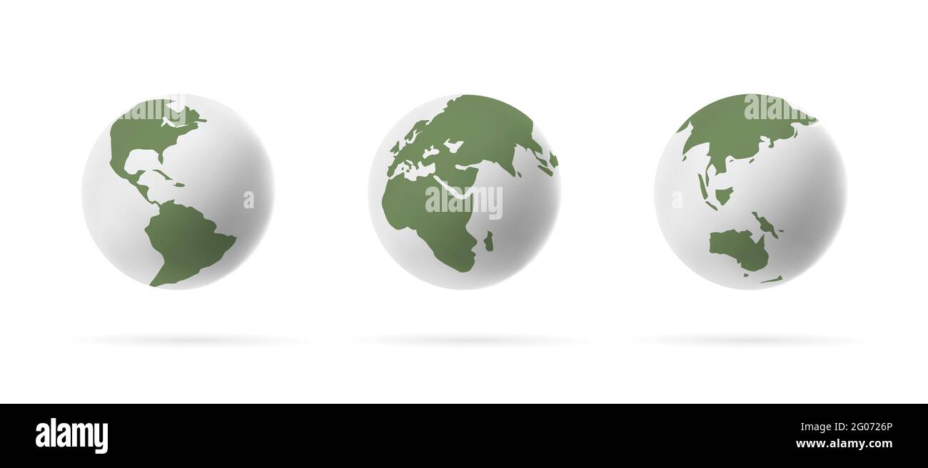 Ensemble d'icônes 3D globe terrestre isolées sur fond clair, graphique stylisé de couleurs blanc et vert Illustration de Vecteur