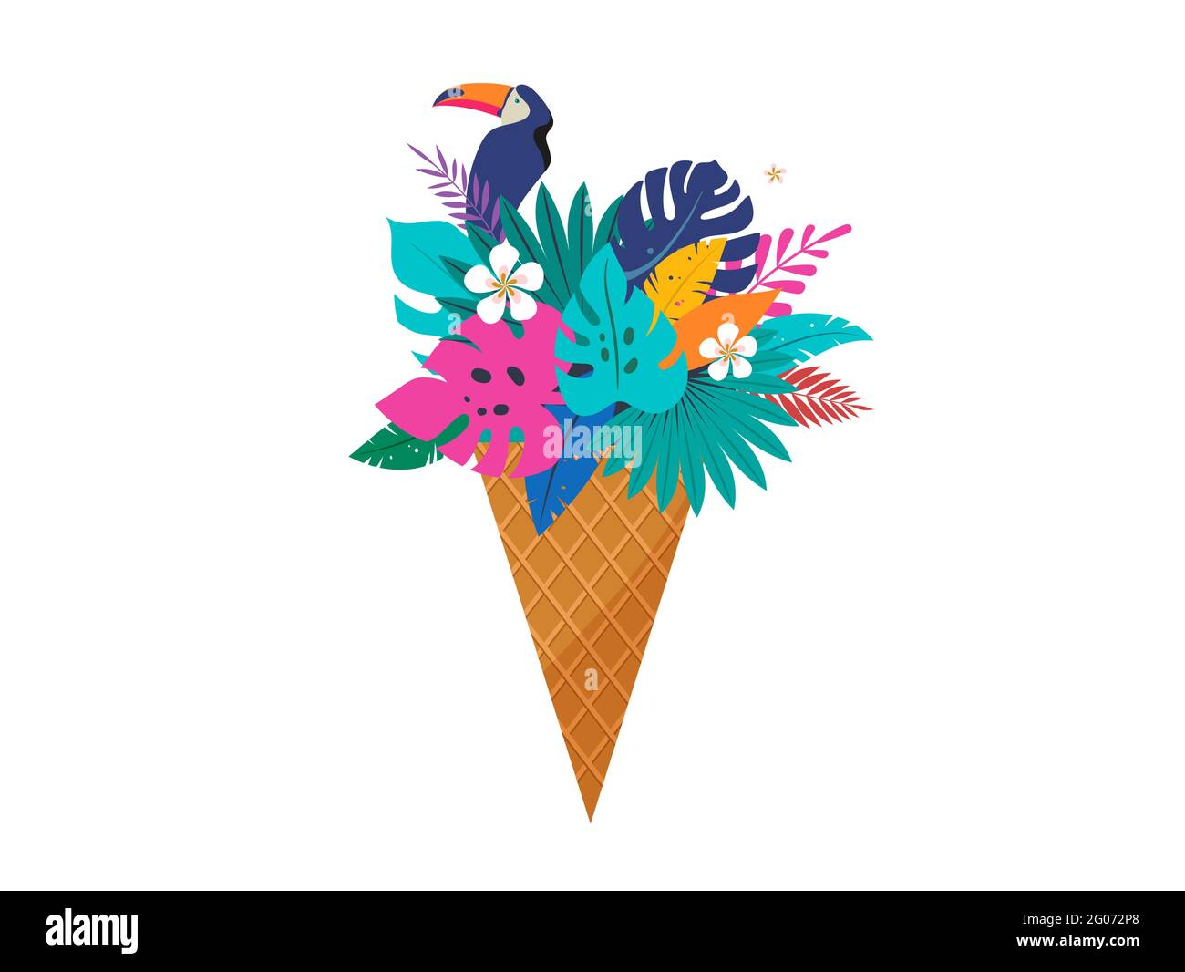 Scène estivale avec cône de glace rempli de feuilles exotiques de jungle et de toucan. Illustration du concept Hello Summer, arrière-plan et bannière Illustration de Vecteur