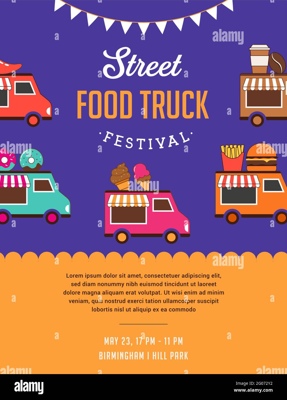 Salon des camions alimentaires, marché de nuit, Fête de l'été, foire de rue de la nourriture et de la musique, affiche et bannière du festival familial Illustration de Vecteur