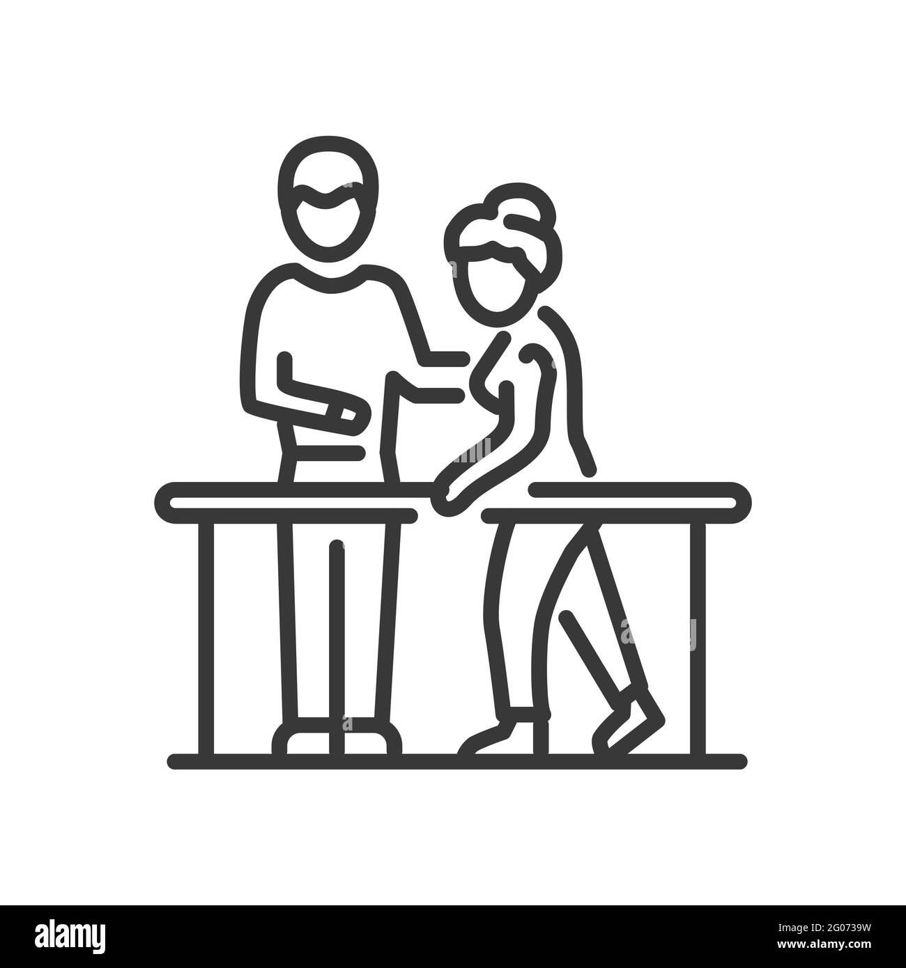 Réadaptation physique - Line design unique icône isolée sur fond blanc. Pictogramme noir de haute qualité. Image d'un médecin et d'une femme âgée doi Illustration de Vecteur