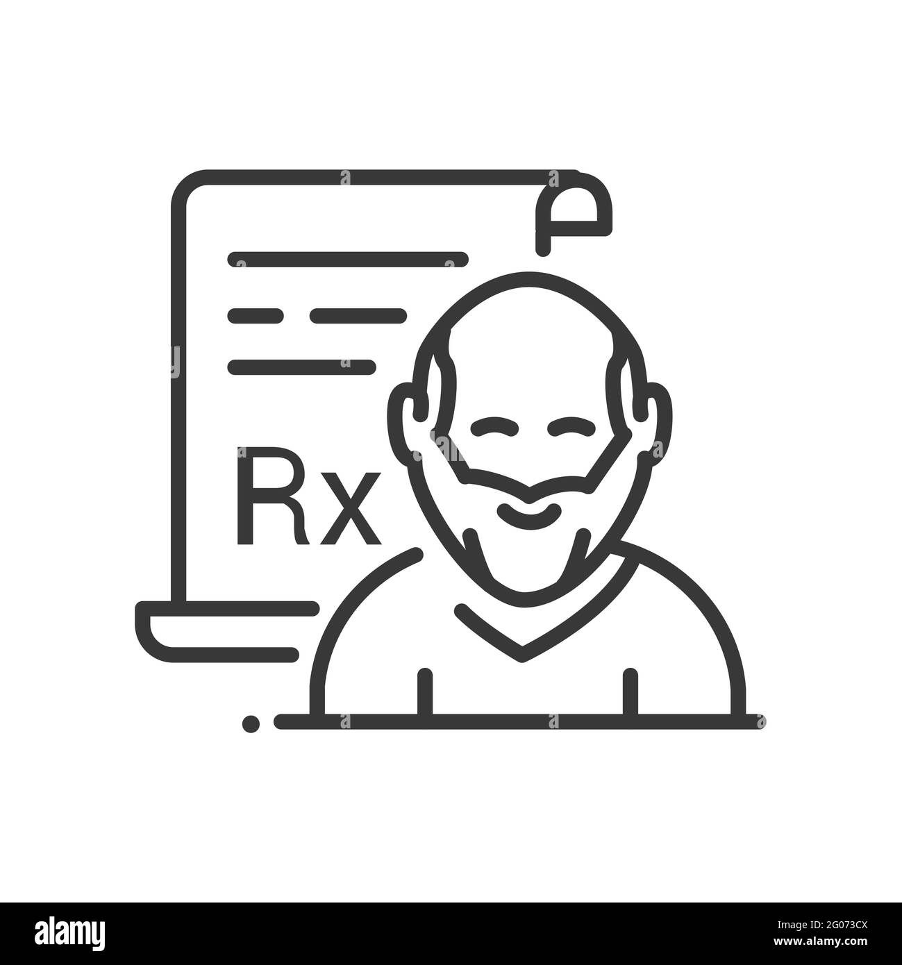 Prescription médicale - Line design unique icône isolée sur fond blanc. Pictogramme noir de haute qualité. Image d'une personne à la retraite et d'un médicament pour Illustration de Vecteur