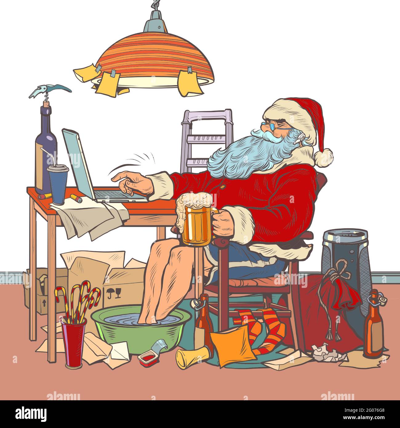 Travail à distance en ligne du Père Noël en quarantaine Illustration de Vecteur
