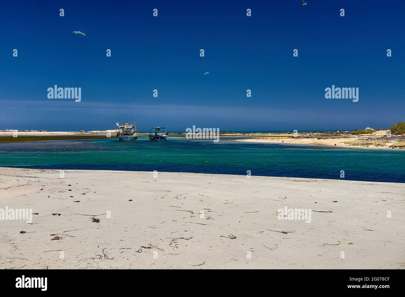Paysage marin. Belle vue sur les bateaux dans le lagon sur la plage dans la mer Méditerranée sur l'île de Djerba. Tunisie Banque D'Images