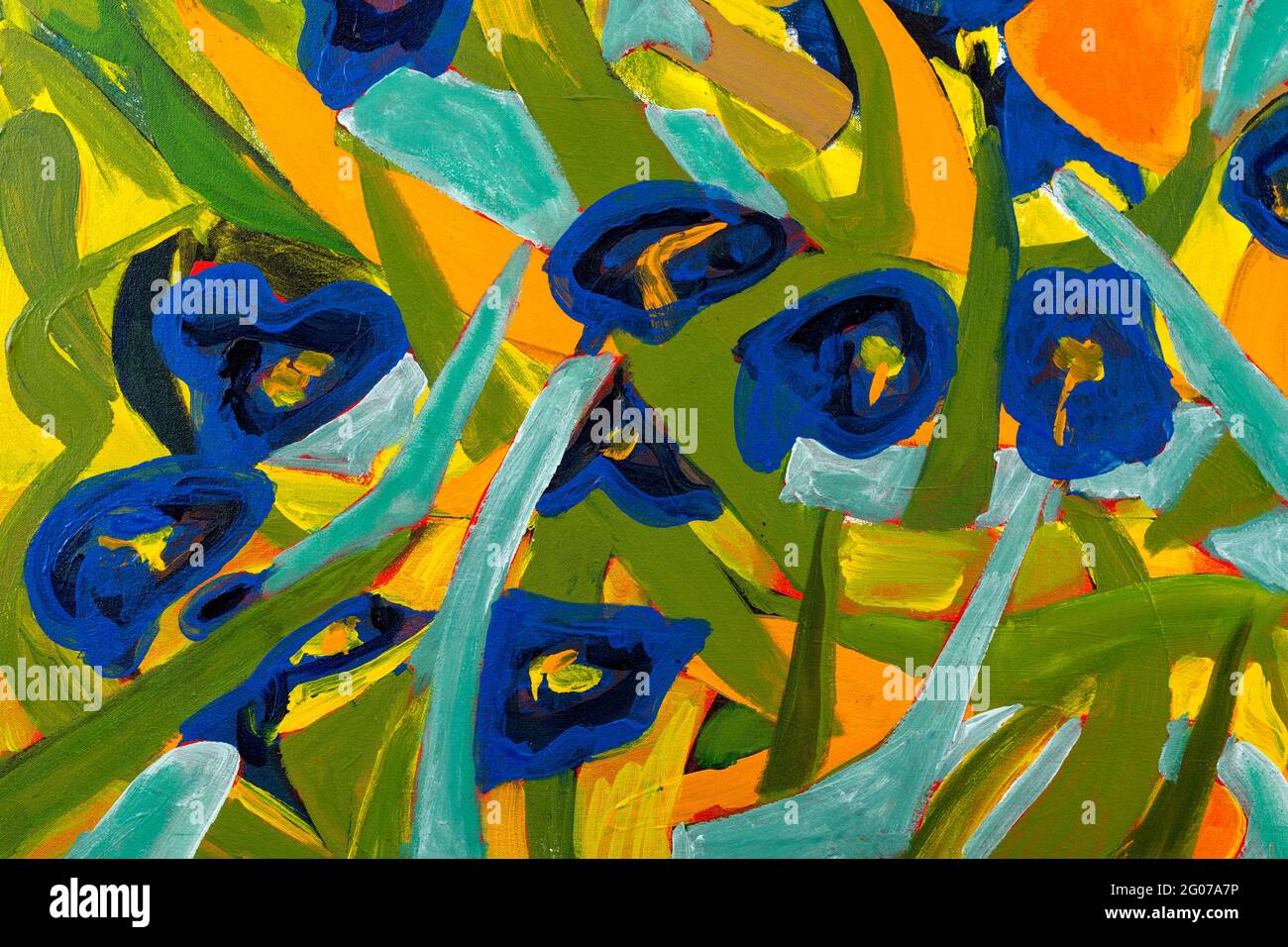 Fragment de peinture abstrait aux couleurs éclatantes, formes fortes et textures de pinceau. Peinture artistique unique. Banque D'Images