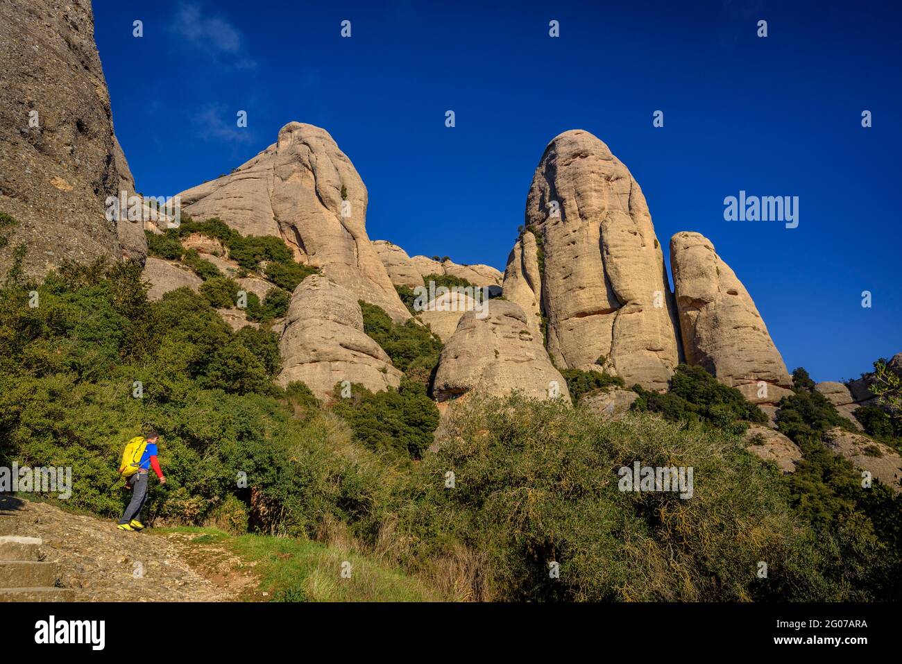 Elefant et la Mòmia spires vus du chemin de l'ermitage de Sant Benet (Montserrat, Catalogne, Espagne) Banque D'Images