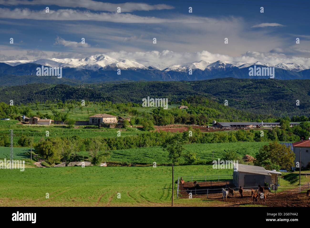 Vues depuis le village de Sant Bartomeu del Grau au printemps, avec les Pyrénées en arrière-plan (Barcelone, Catalogne, Espagne) Banque D'Images