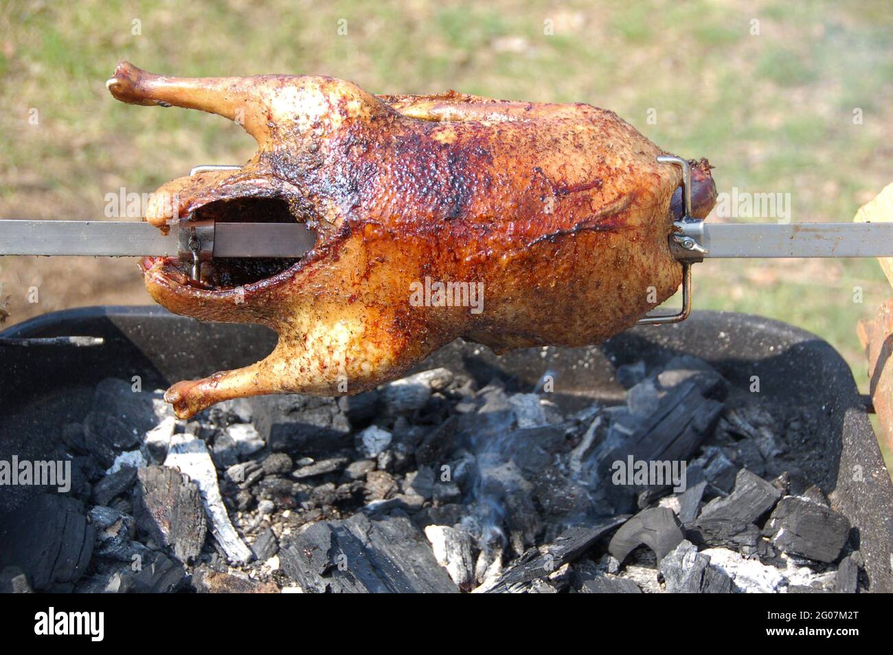 Appétissant canard grillé sur la brochette de broche. Rôtis sur un barbecue traditionnel. La carcasse entière de canard rôtisent sur des coals chauds. Banque D'Images