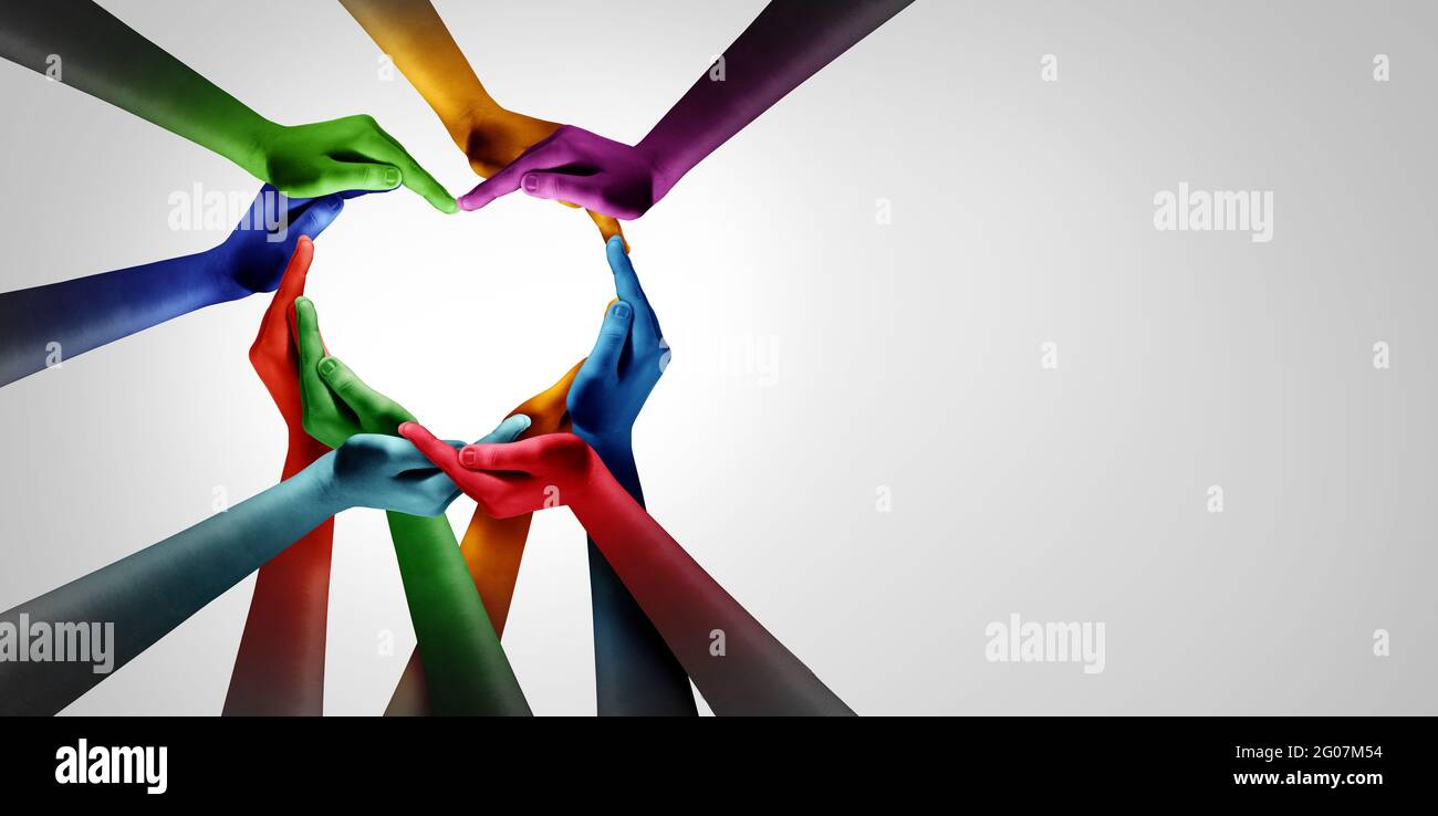 La communauté de coeur de main et l'unité diverse et le partenariat de diversité comme les mains dans un groupe de personnes différentes reliées ensemble formé. Banque D'Images