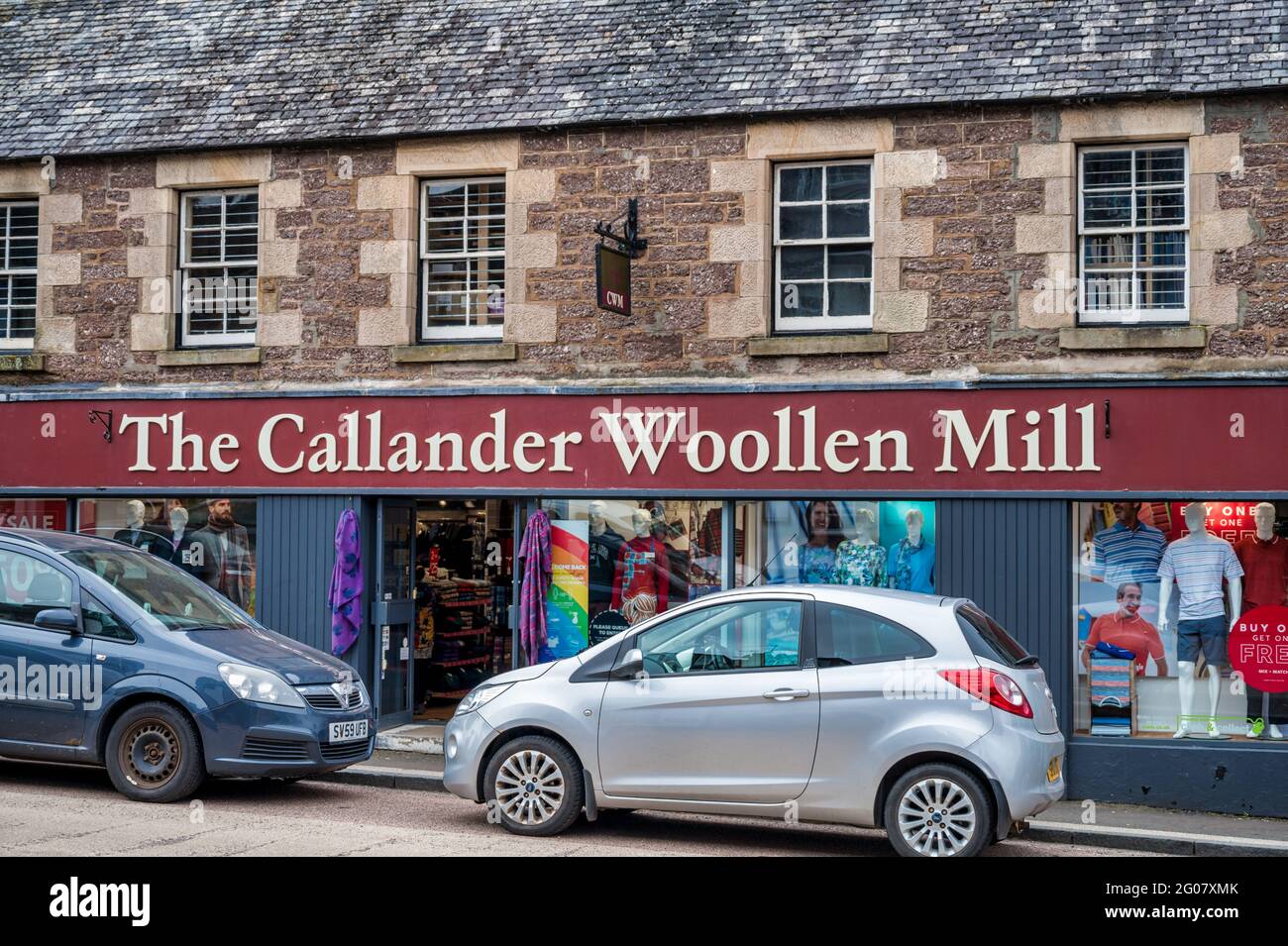 Callander, Écosse - 29 mai 2021 : devant du magasin et panneau pour le moulin à laine de Callander Banque D'Images